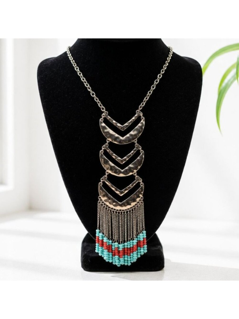 Hammered Silver-Tone Chevron Pendant Necklace With Beaded Fringe & Lobster Clasp
